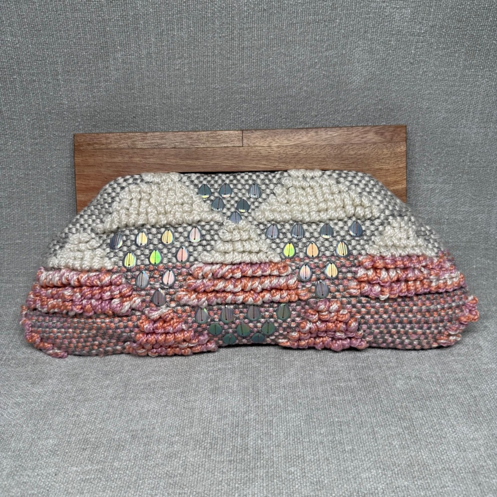 Fabulous MJ New York Knit Sequin Wood Frame Clutch Bag Pink Cream Boho Unique